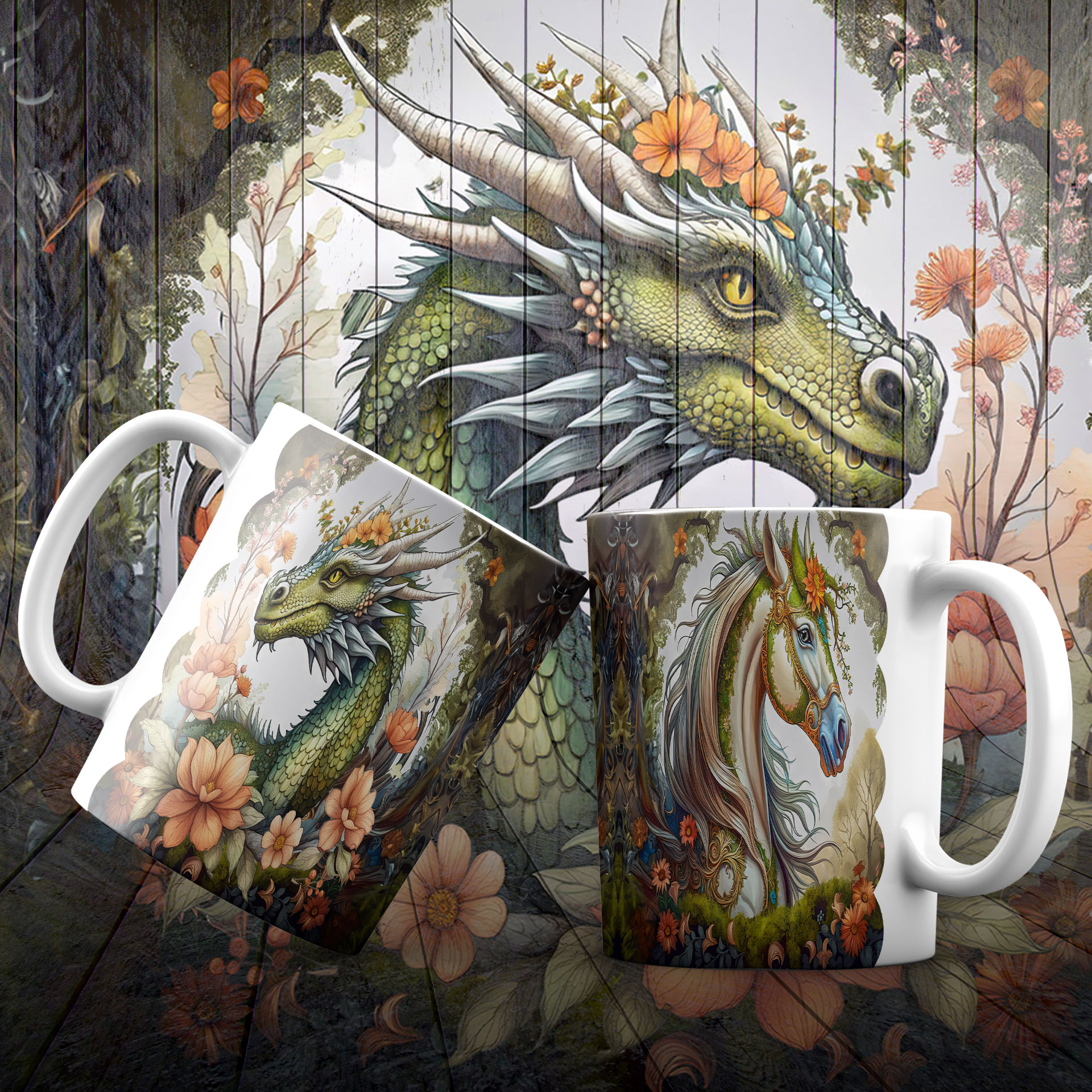 IA-Art - Dragon y Caballo Florales (Taza personalizada)